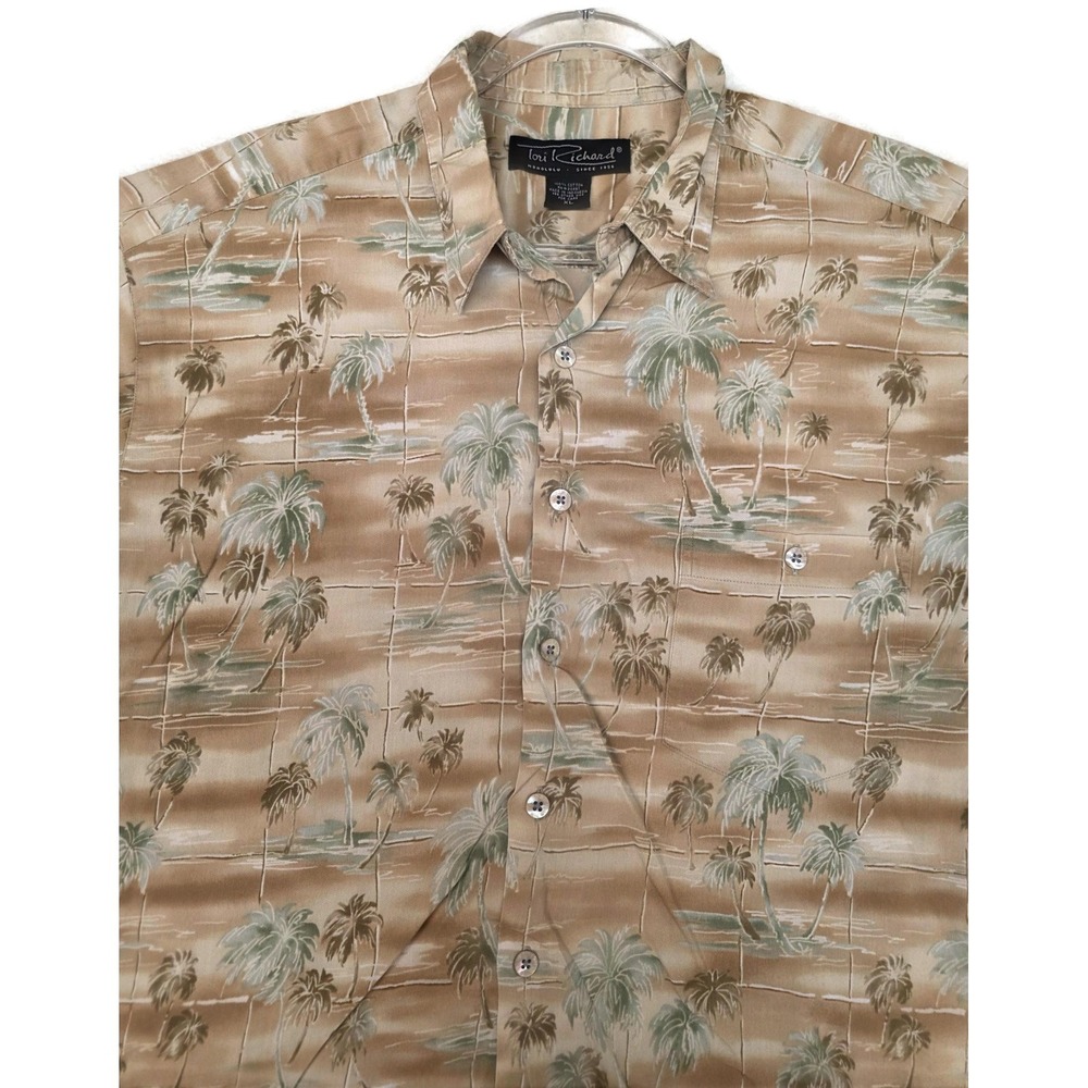 Tori Richard Shirt Mens XL Brown Palm Tree Hawaiian Short Sleeve Button Front